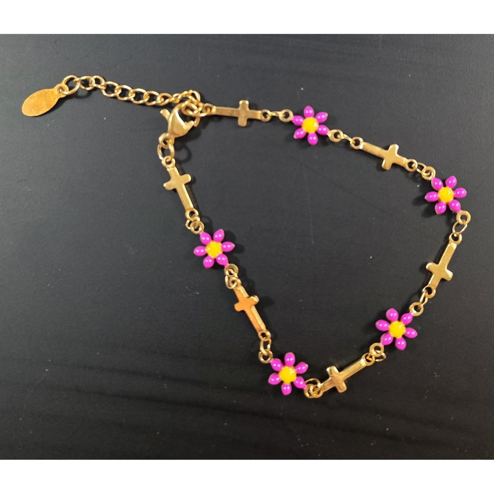 Flower Purple Gold Plated Stainless Steel Chain Bracelet Size 7" & 1" Extender